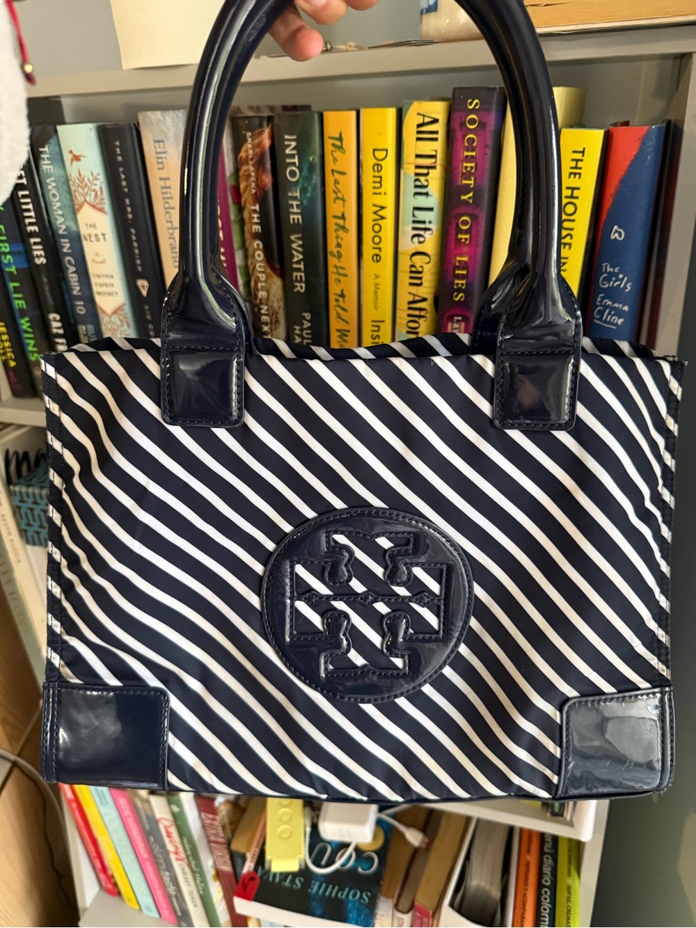 Tory Burch Navy and White Diagonal Stripe Tote with Patent Trim